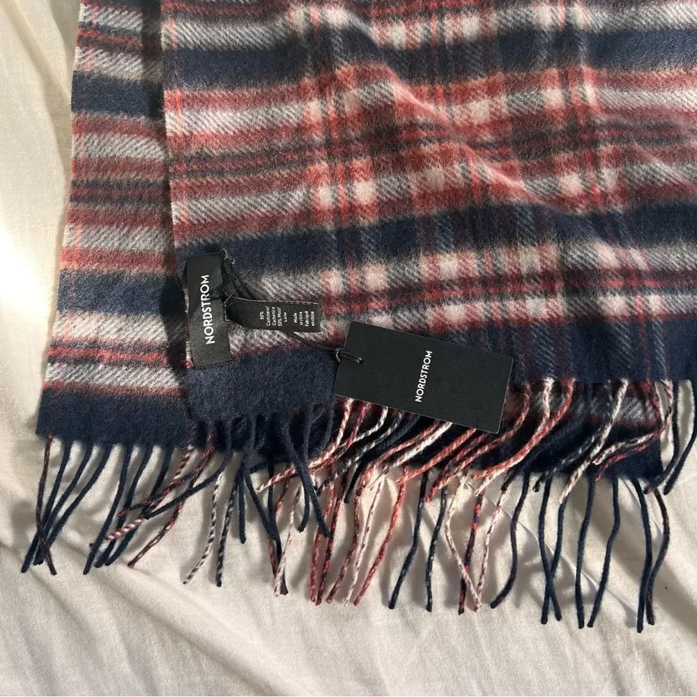 Nordstrom Cashmere Wool Blend Navy Magic Tartan Scarf NEW MSRP $89